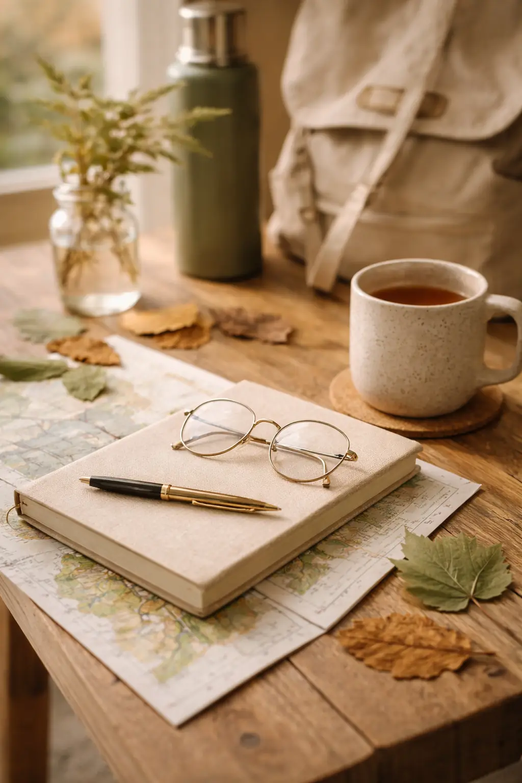 Glasses resting on a desk with warm light