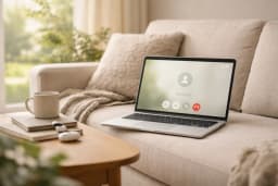 Therapy session on a laptop with a cozy couch